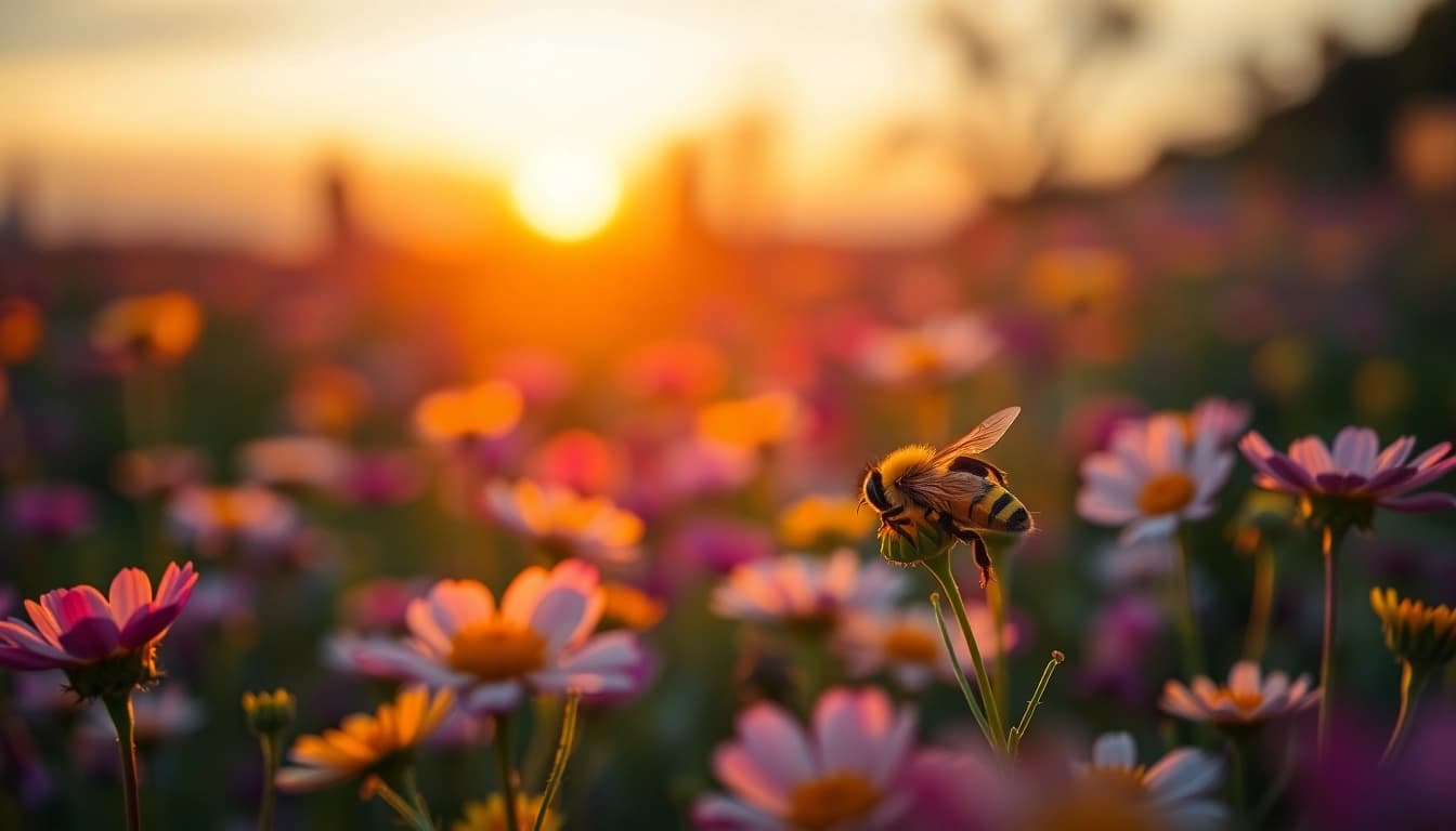 Observa colmenas de poliestireno con abejas en un entorno florido y soleado.