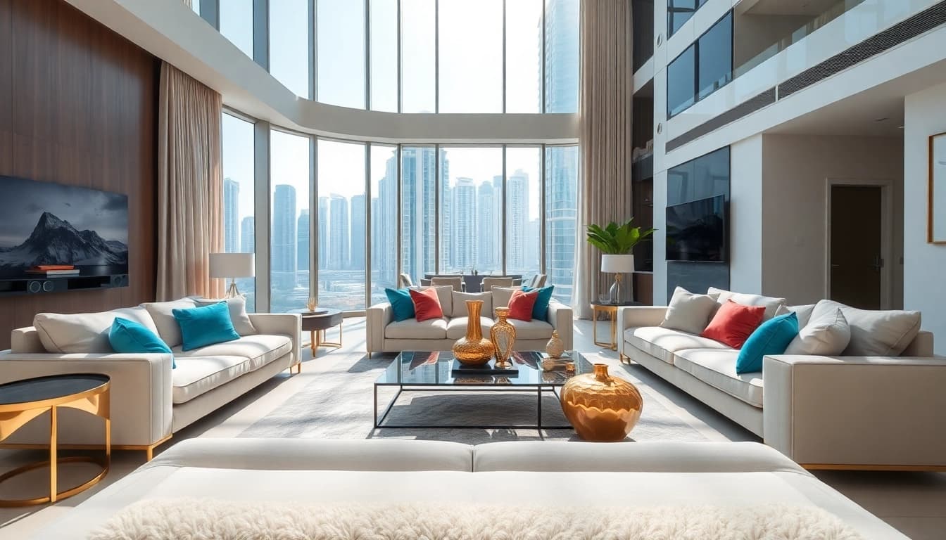 Showcasing contemporary interior design Dubai living room with sleek furniture and vibrant decor accents.