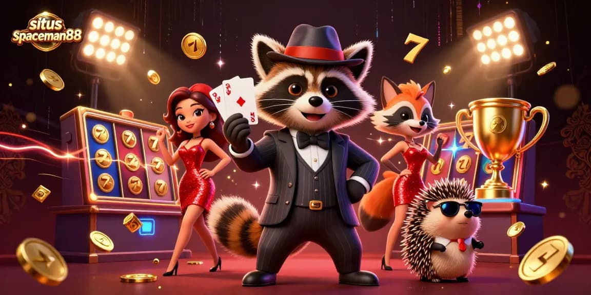 Experience situs spaceman88's thrilling slot action with a dynamic raccoon holding a royal flush.
