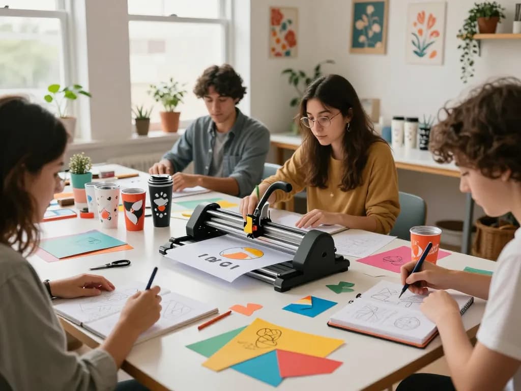 Creative studio scene highlighting diverse individuals utilizing svg bundle files for custom tumbler designs and crafts.
