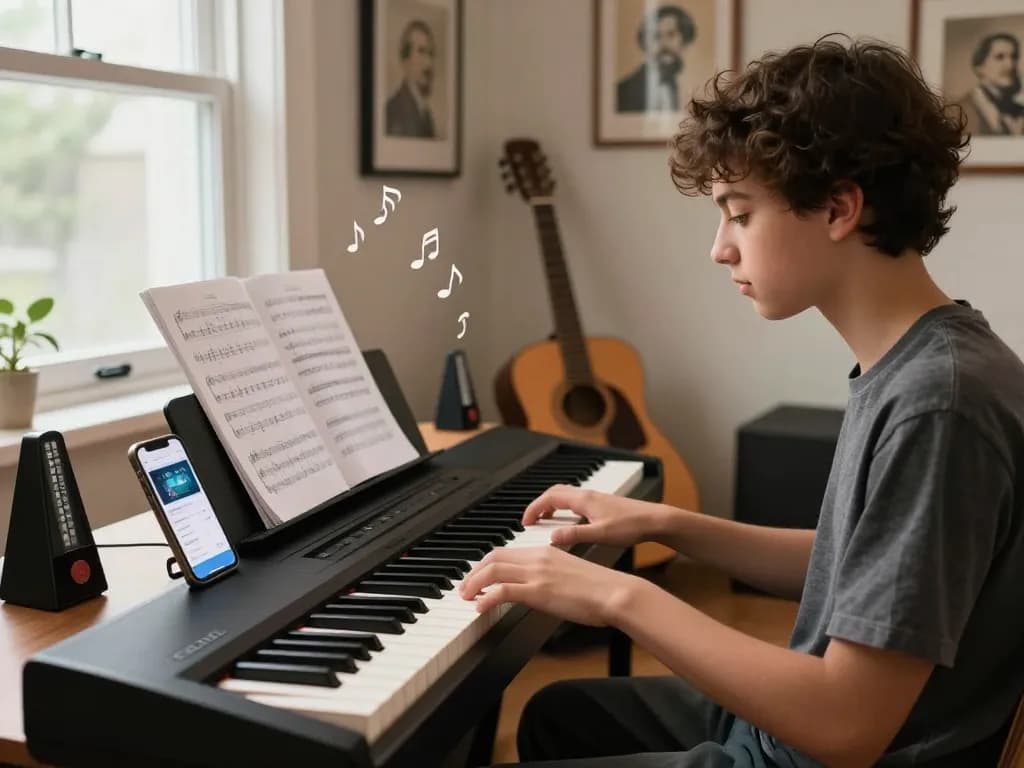 Student practicing on a Roland GO 88 digital piano in a cozy home studio, enhancing music learning.