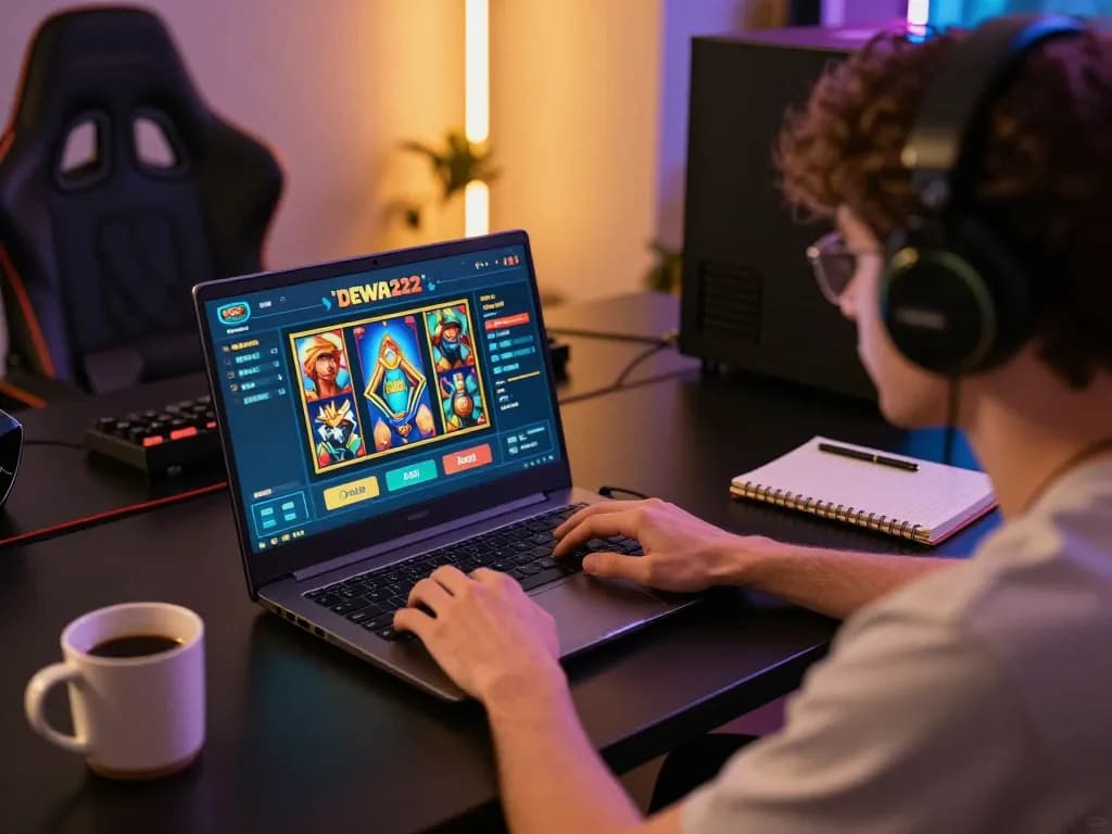 Engaging in dewa slot online gaming at home, showcasing modern setup and exciting gameplay.