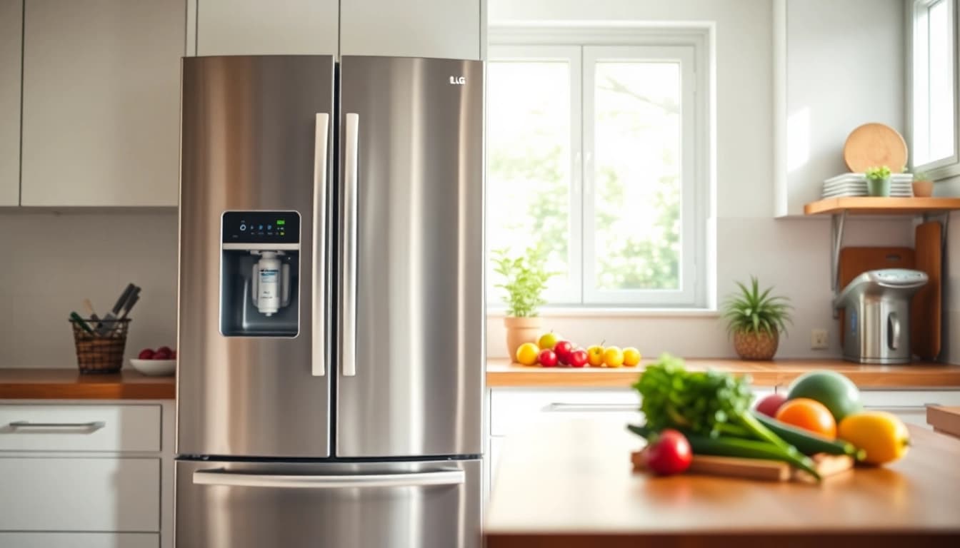 Waterdrop 5231JA2002A Refrigerator Water Filter installed in a stylish kitchen, showcasing modern design.
