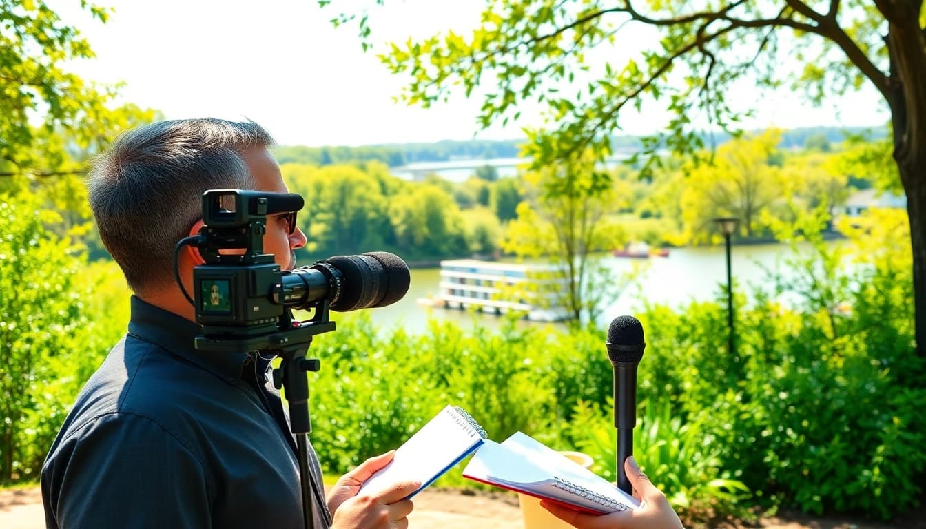 Capture of a journalist from https://southernmarylandchronicle.com reporting on local news in a vibrant setting.