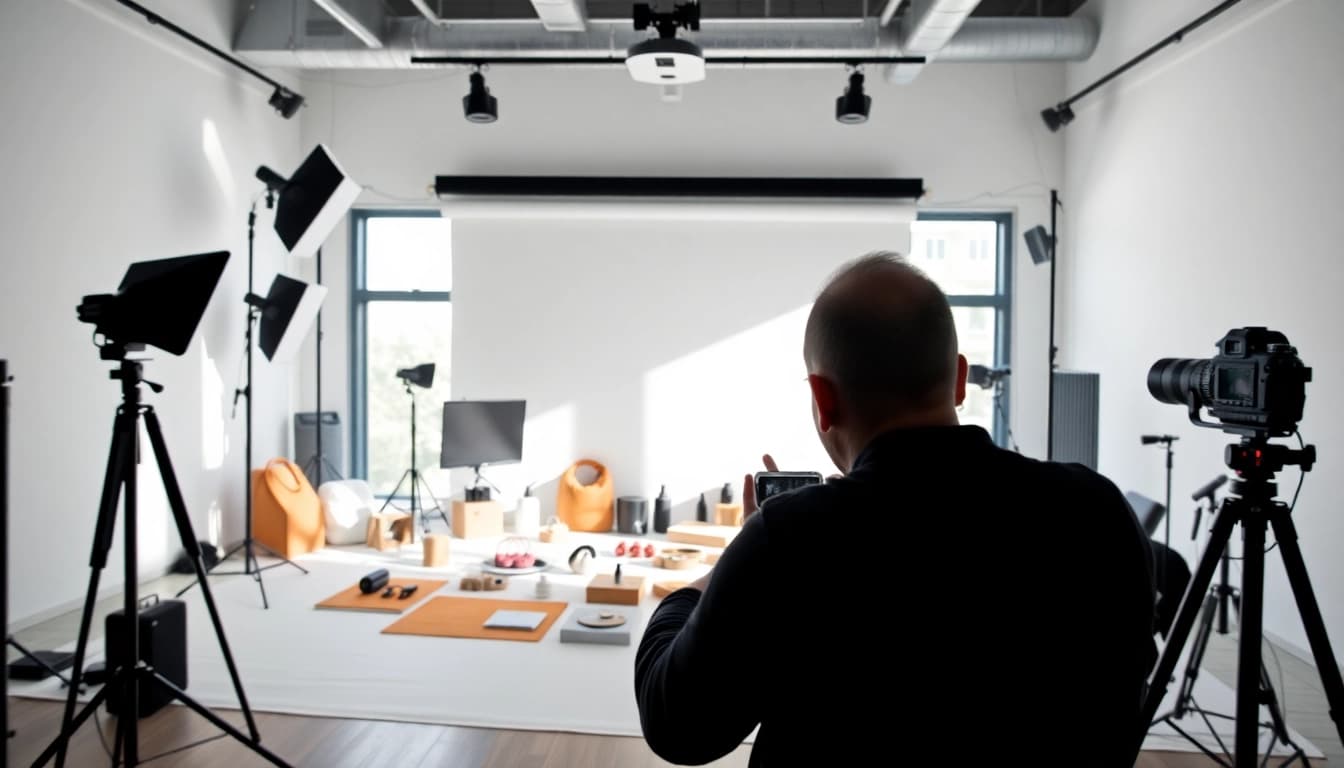 Fotografo ecommerce in uno studio professionale mentre cattura immagini di prodotti.