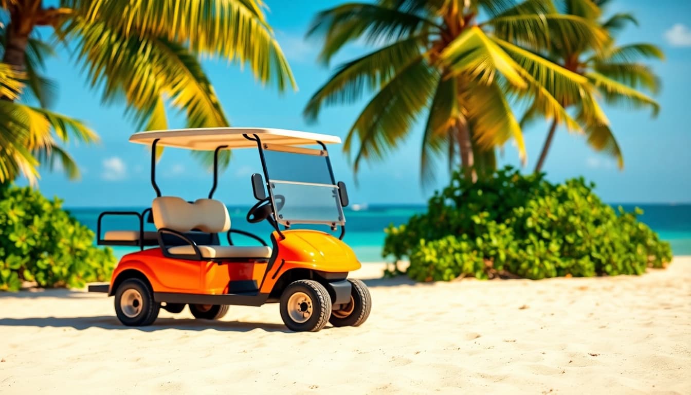 Enjoy a vibrant San Pedro Belize Golf Cart Rental with a scenic beach view.