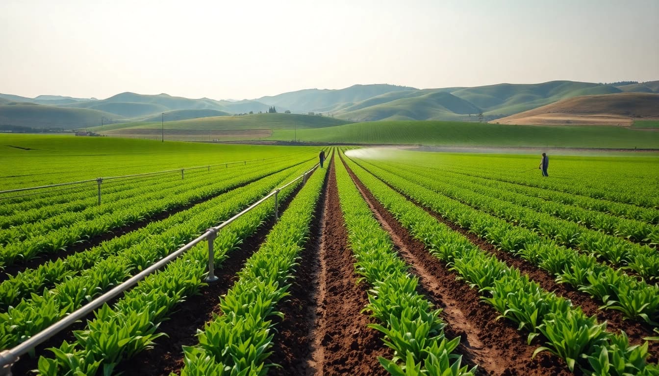 Implementing land irrigation systems to enhance crop growth in a vibrant landscape.