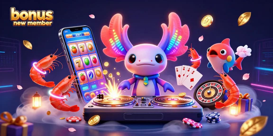 Engage with bonus new member opportunities in a vibrant 3D casino illustration with neon characters.