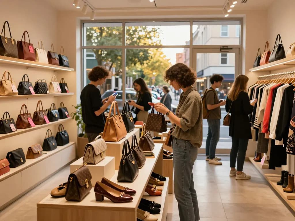 Engaging shopping scene at a 레플리카 사이트 showcasing high-quality replica fashion items in a stylish urban boutique.