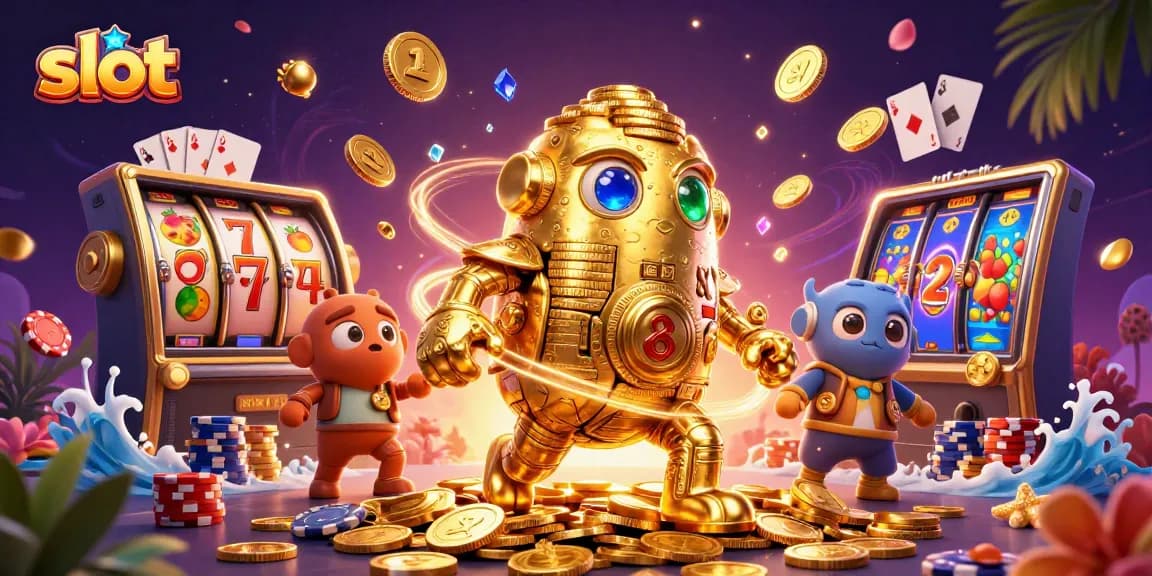 Spin the slots with a dynamic 3D illustration featuring a golden golem and animated reels.