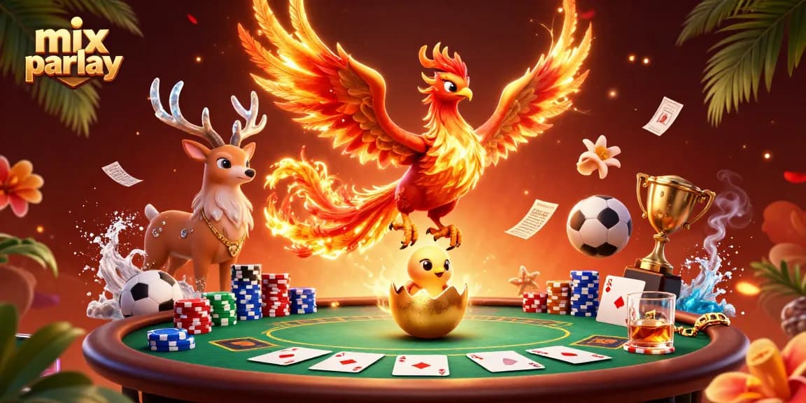 Mix parlay betting illustrated with dynamic sports elements, featuring a phoenix and poker scene.