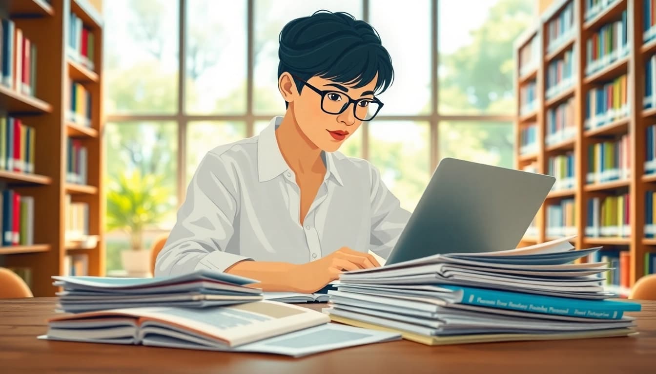 Pay someone to take TOEFL while a student studies in a bright library, showcasing concentration.