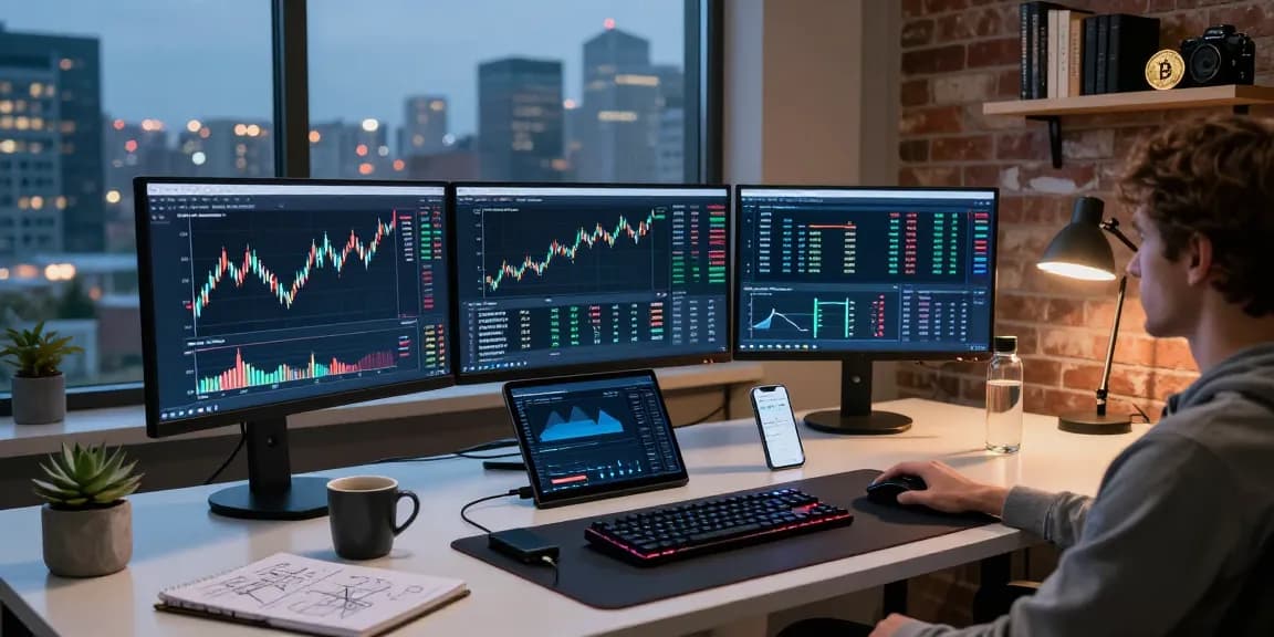 Secure cloud mining platform in a professional cryptocurrency trading setup with real-time data displays and advanced tech.