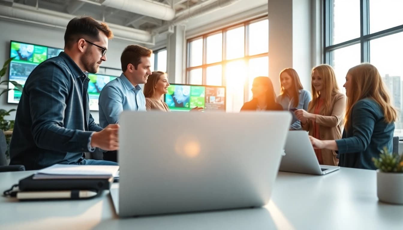 Collaborative website development team discussing strategies at https://rr88sn.com/ with modern technology.