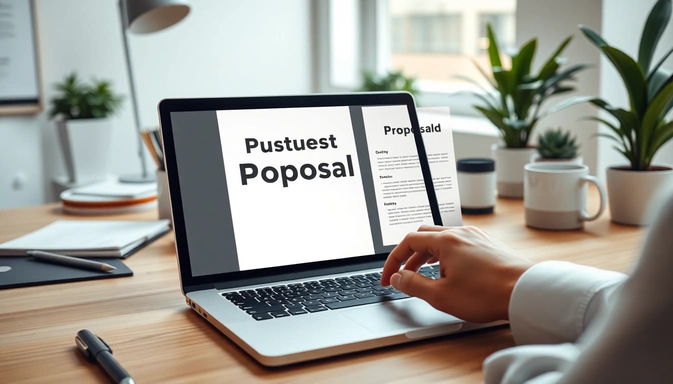 Engaging scene of customized proposal writing in a bright workspace with a laptop and stationery.