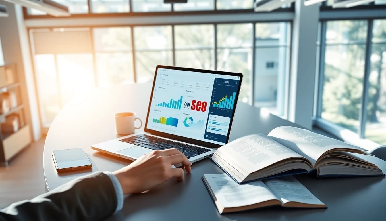 Analyze seo meta tags in a professional workspace featuring analytics and creative elements.