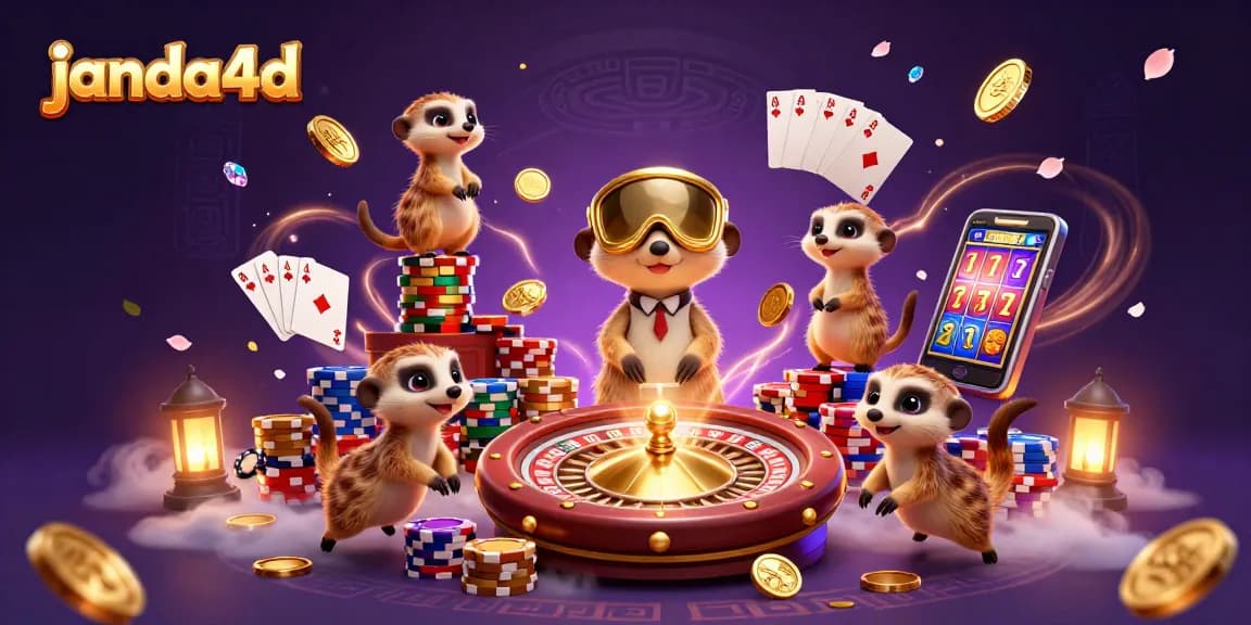 janda4d menampilkan koloni meerkat 3D yang menjalankan kasino, dikelilingi koin emas dan permata yang berkilau