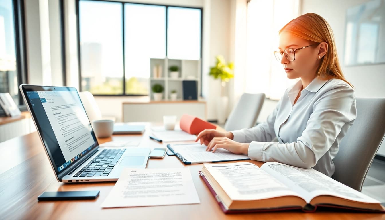 Traducteur allemand certifié travaillant avec diligence sur des documents officiels dans un bureau moderne.