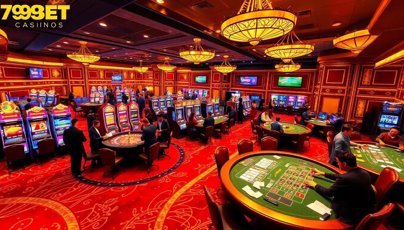 Players enjoying the exciting games at 789BET casino, with vibrant roulette and poker tables.