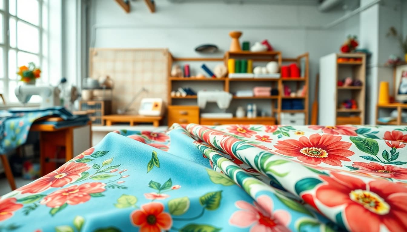 De hoogwaardige bedrukte katoenen stoffen in een kleurrijke, uitnodigende textielstudio.