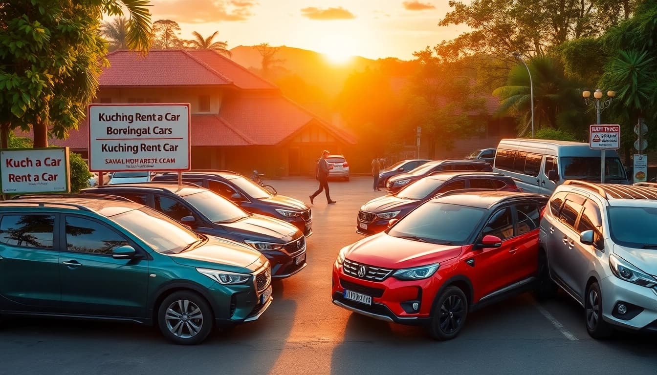 Kuching rent a car options with travelers enjoying the scenic backdrop of Kuching, Malaysia.