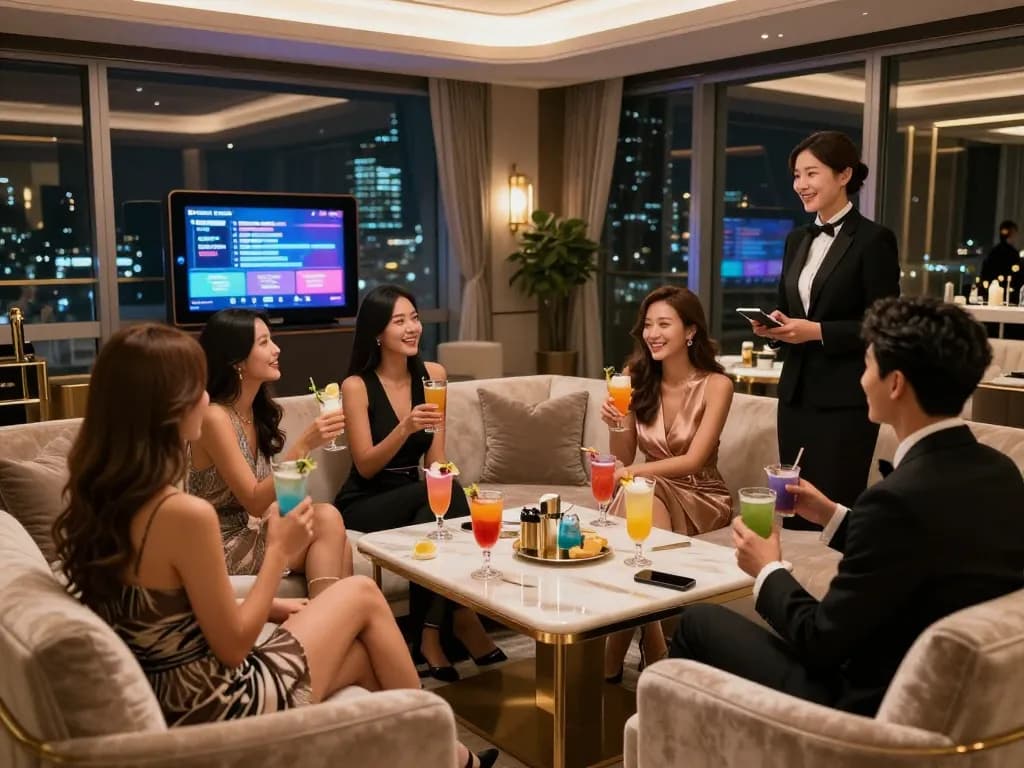 Experience the vibrant atmosphere of 강남쩜오 with friends in a luxurious private entertainment room.