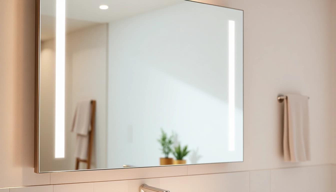 Elegant bathroom mirror with LED features enhances a serene bathroom ambiance.