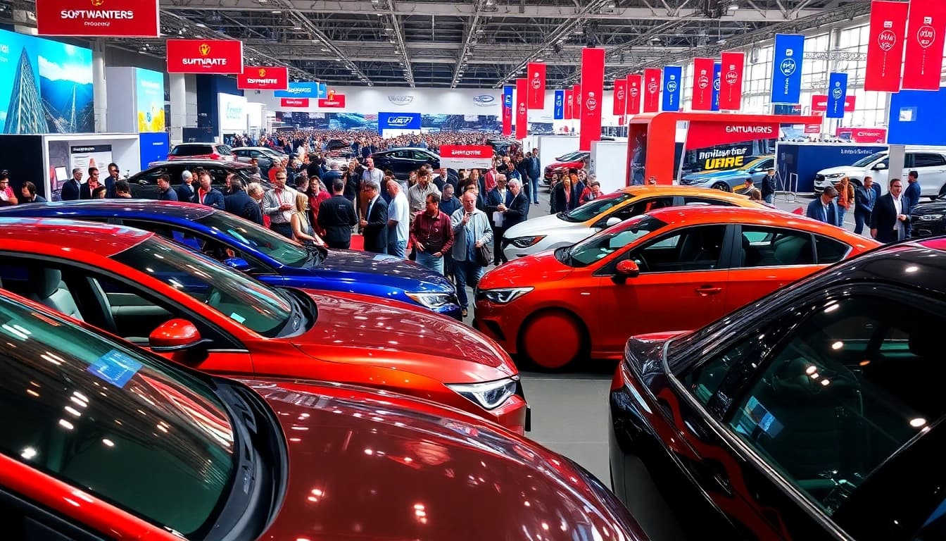 Visitors engaging with sleek vehicles at an Auto Cars Show event, capturing excitement and innovation.