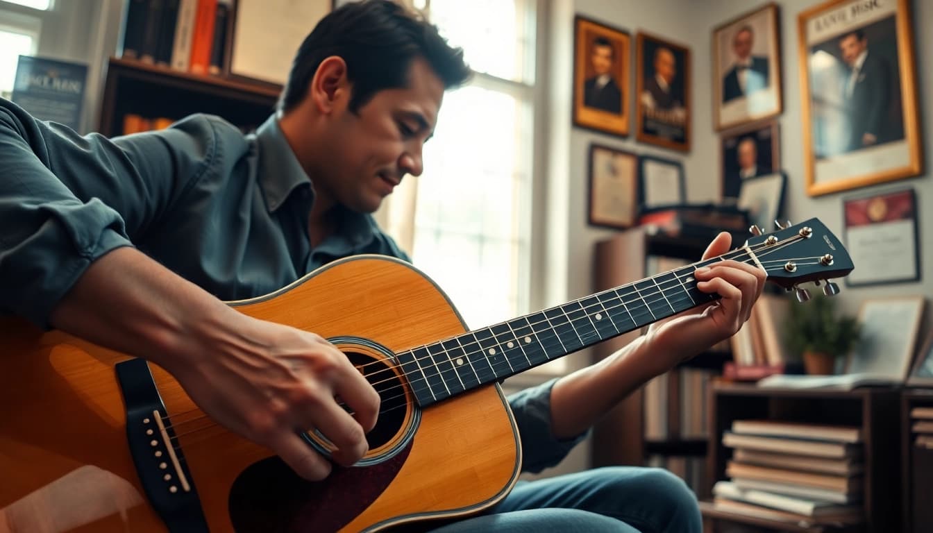 Enhance your skills with https://guitarlessons.co.uk, featuring a guitarist in a cozy setting focused on playing.