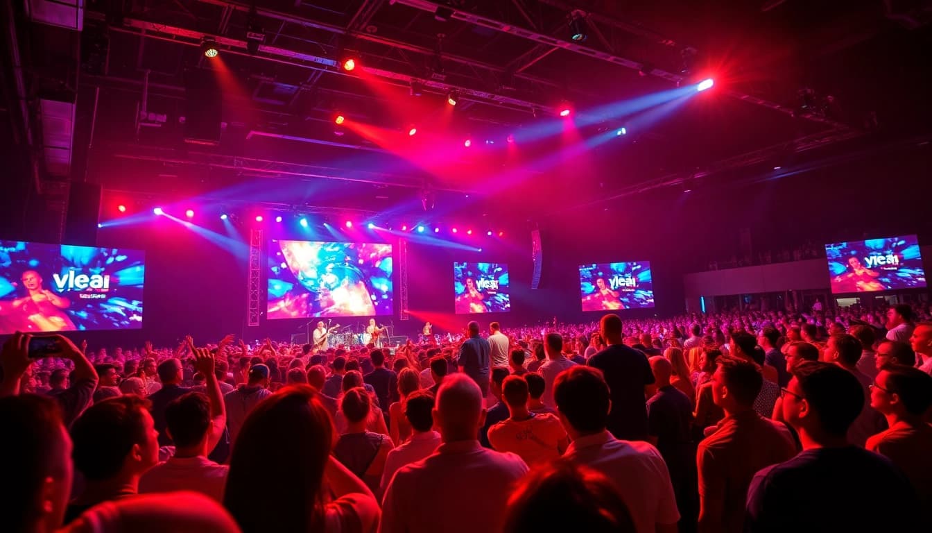 Kooralive performance highlighting musicians and vibrant lighting at a lively stage event.