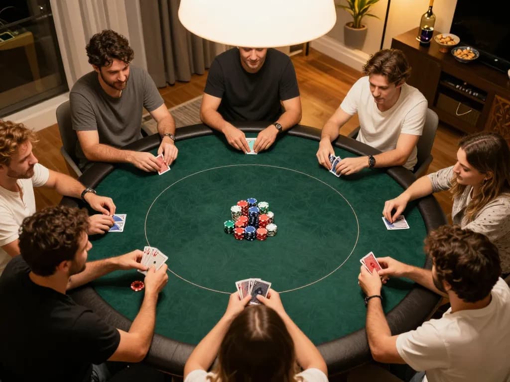 Six players engage in a strategic online poker game at home, featuring the SUNWIN LINK MỚI for immersive gameplay.