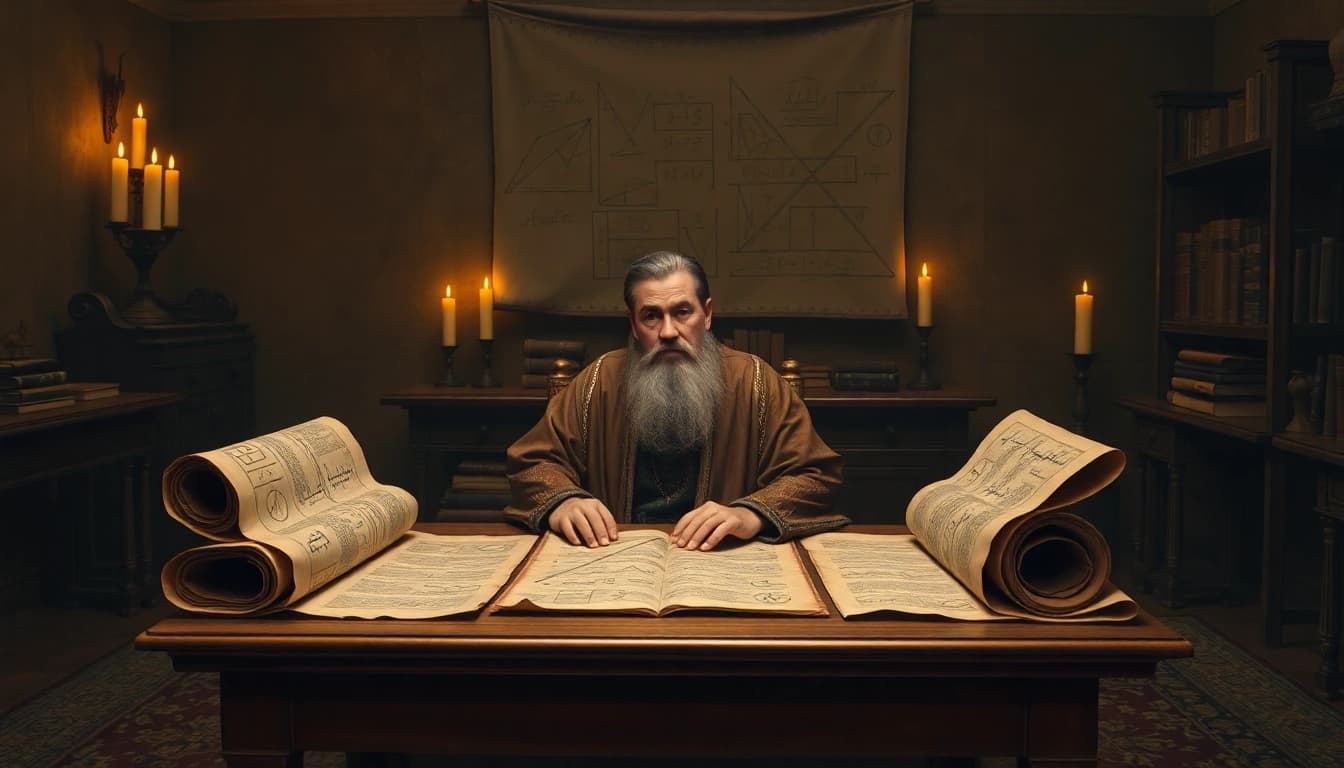 Illustration of algorithm etymology showcasing a Persian mathematician surrounded by ancient scrolls and symbols.