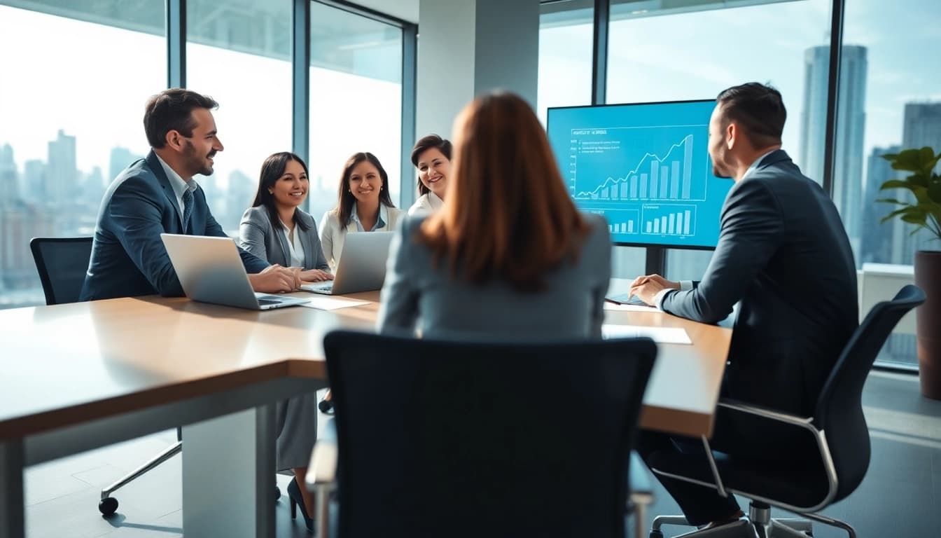 Discussing growth strategy trends during a business meeting with diverse executives.