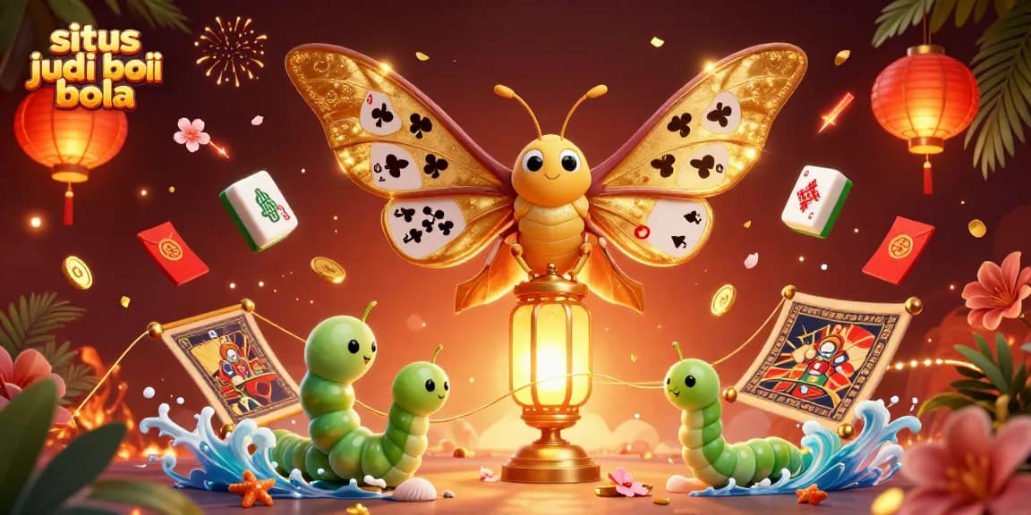 Engage in situs judi bola with this dynamic scene showcasing a vibrant atlas moth and casino elements.