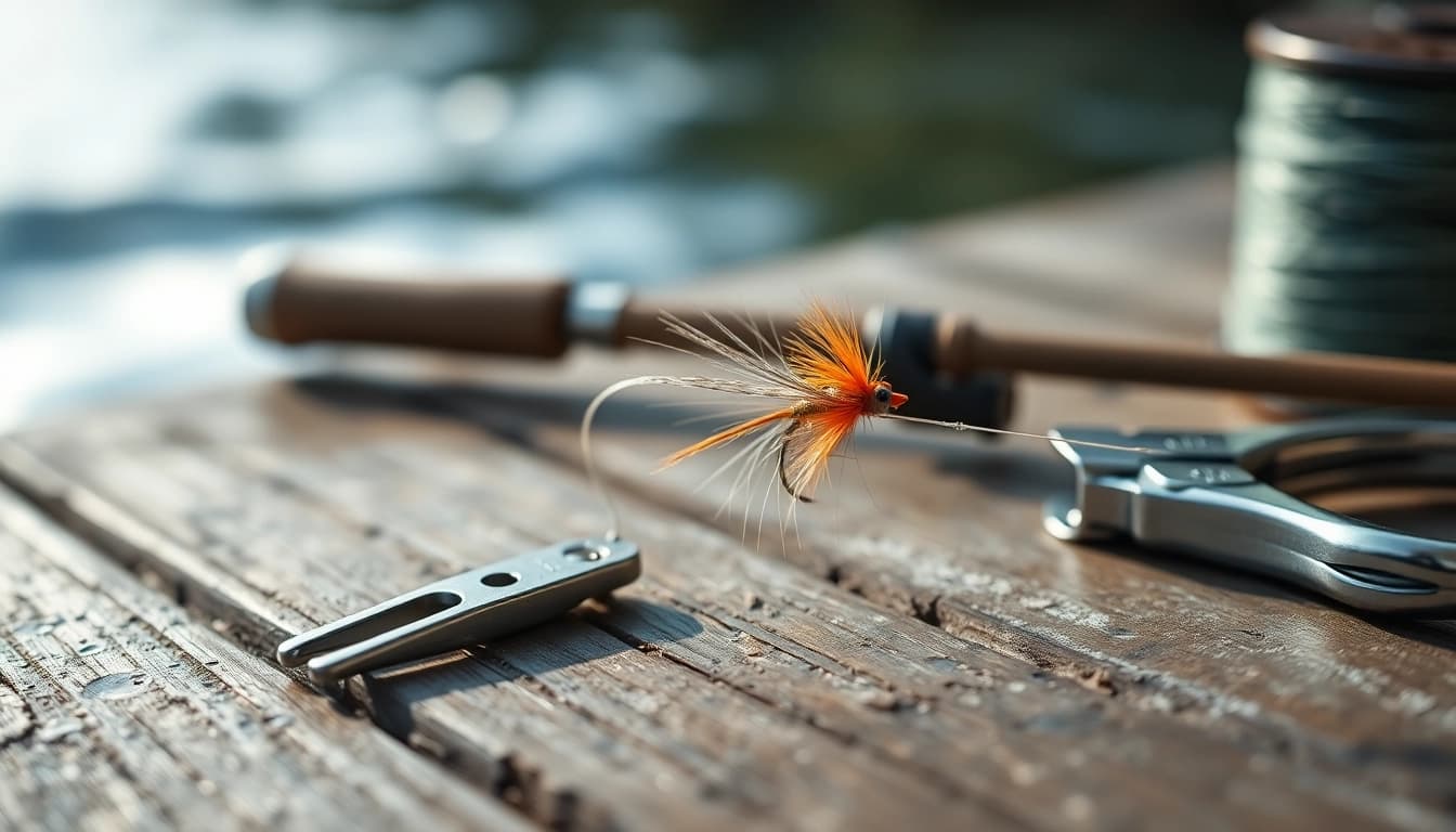 Detailing the process of attaching a fly to a fly fishing tippet on a wooden surface.