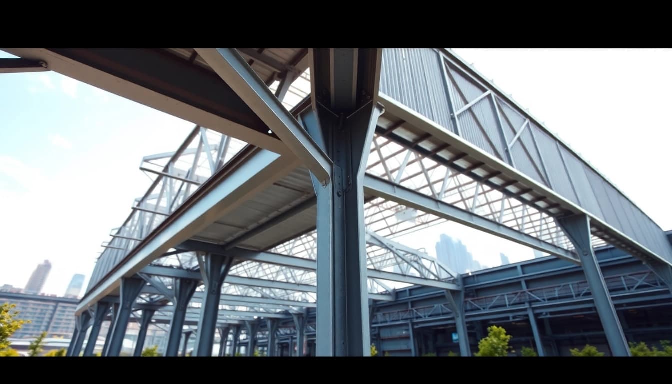 Showcasing steel structure design, a modern building highlights sleek beams and urban landscape.
