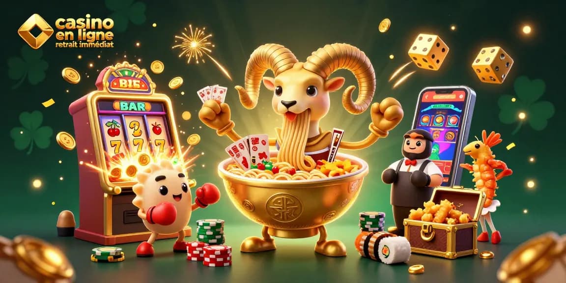 Profitez de gains rapides avec le casino en ligne retrait immédiat illustré par un ramen géant et des personnages ludiques.