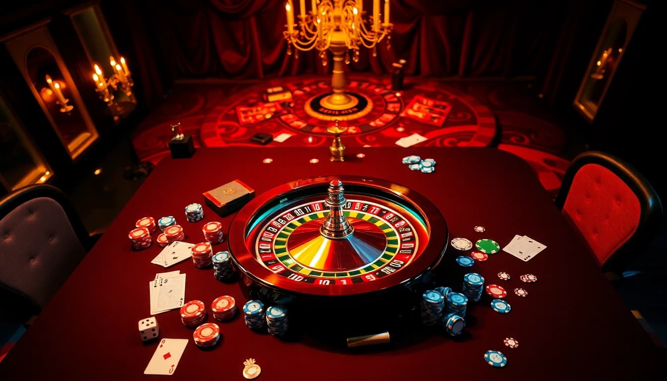 Engaging scene showcasing khela88 bangladesh casino excitement with poker chips and roulette wheel.