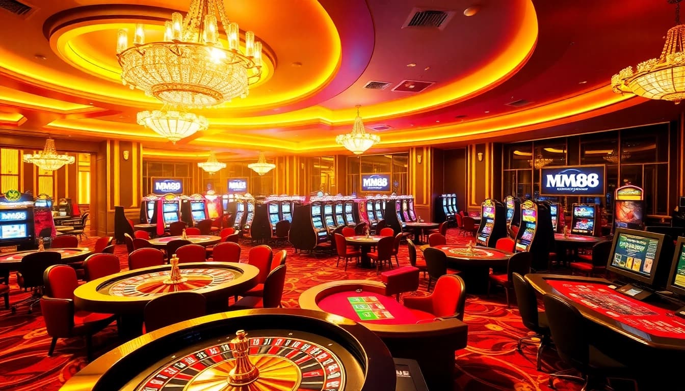 Experience excitement at MM88 casino with vibrant gaming tables and slot machines.