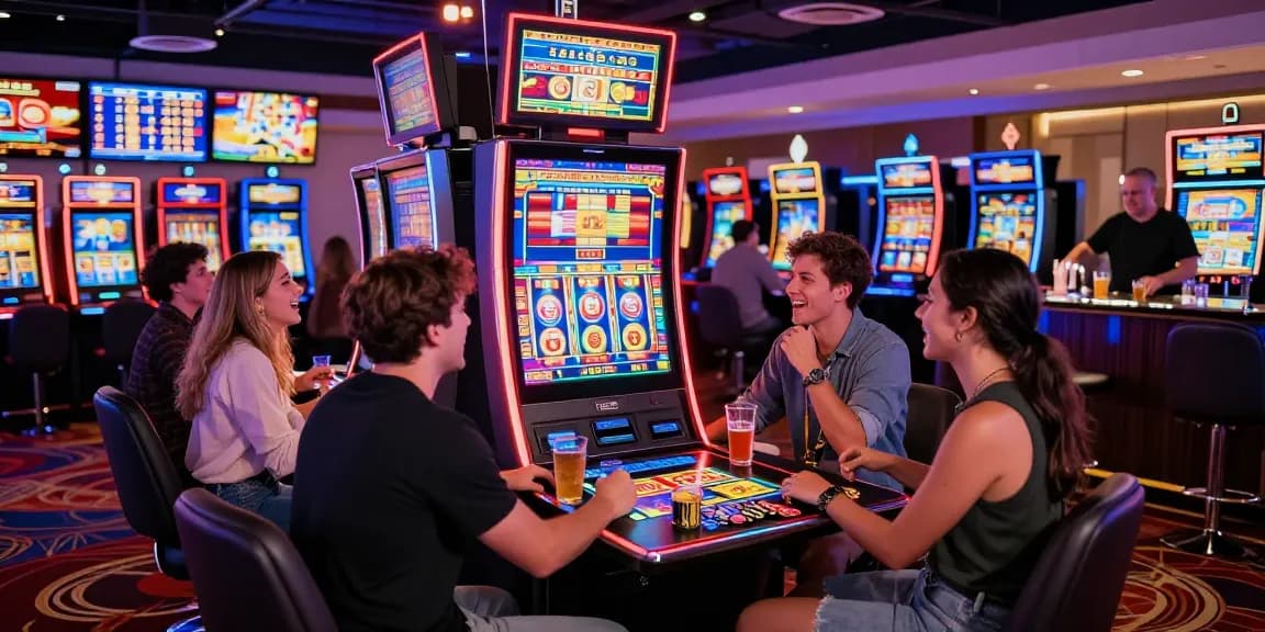 Friends enjoying slot games at a colorful casino, capturing the excitement of spinning reels.