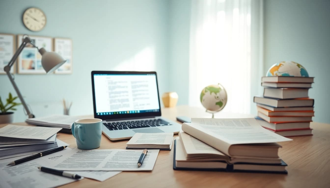 Professional workspace of a beëdigd vertaler with multilingual documents and translation tools.
