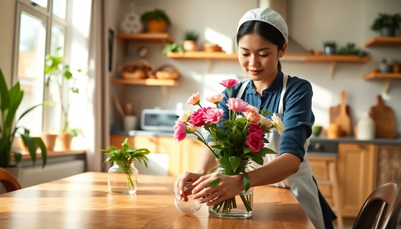 Myanmar maid expertly arranging flowers in a bright, cozy home setting.