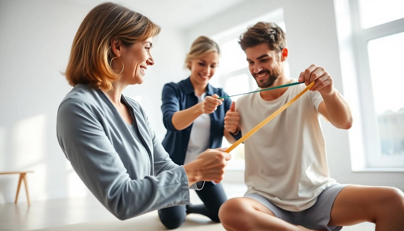 Physiotherapy near me session showing a therapist assisting a patient with exercises.