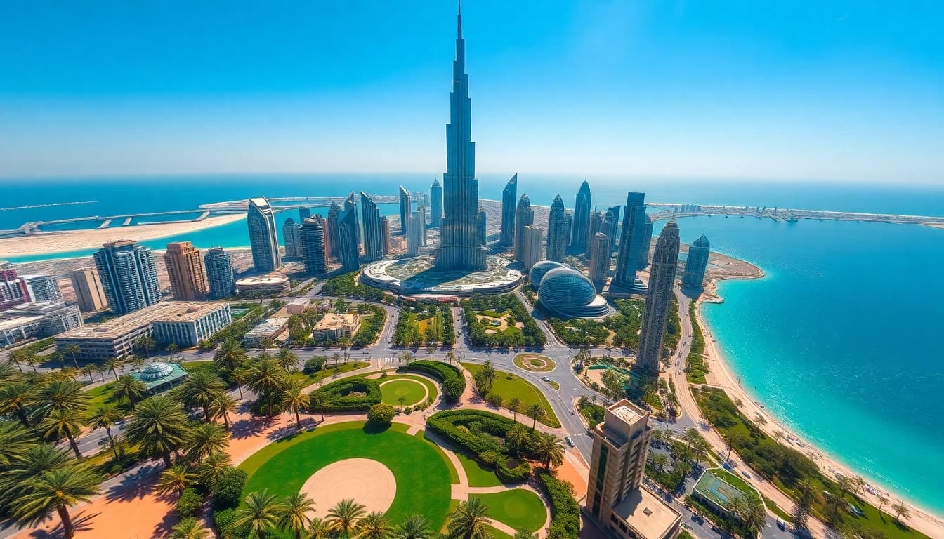 Experience the vibrant Dubai City skyline with lush greenery and iconic skyscrapers.