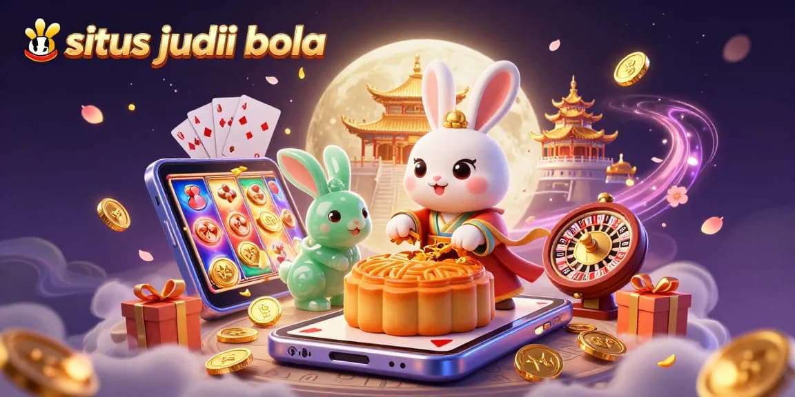 Situs judi bola scene featuring a mystical moon rabbit and gaming elements, engaging players in online betting.