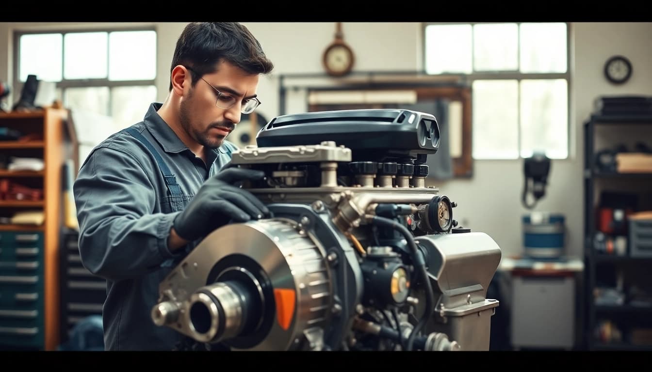 Inspecting used engines with precision in a well-lit garage setting.