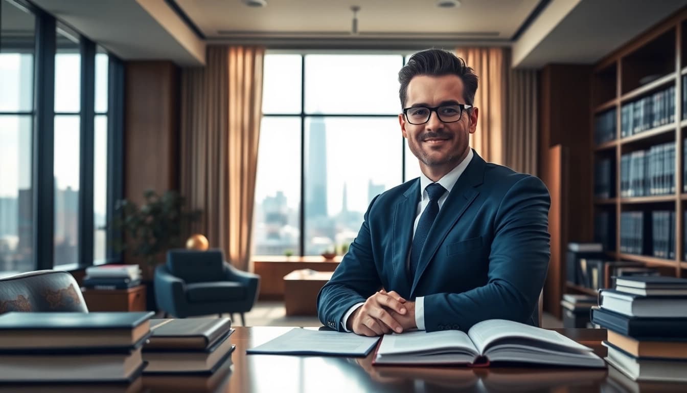 Washington DC Venture Capital Lawyer confidently reviewing legal documents in a professional office.