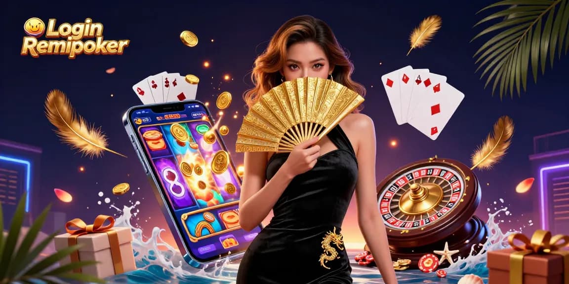 Experience seamless gaming with Login Remipoker, a stunning illustration showcasing online poker and gaming elements.