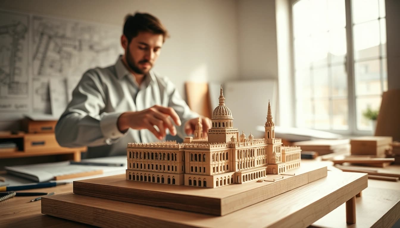 Modellbauer arbeitet an einem Architekturmodell Stuttgart in hellem Arbeitsbereich.