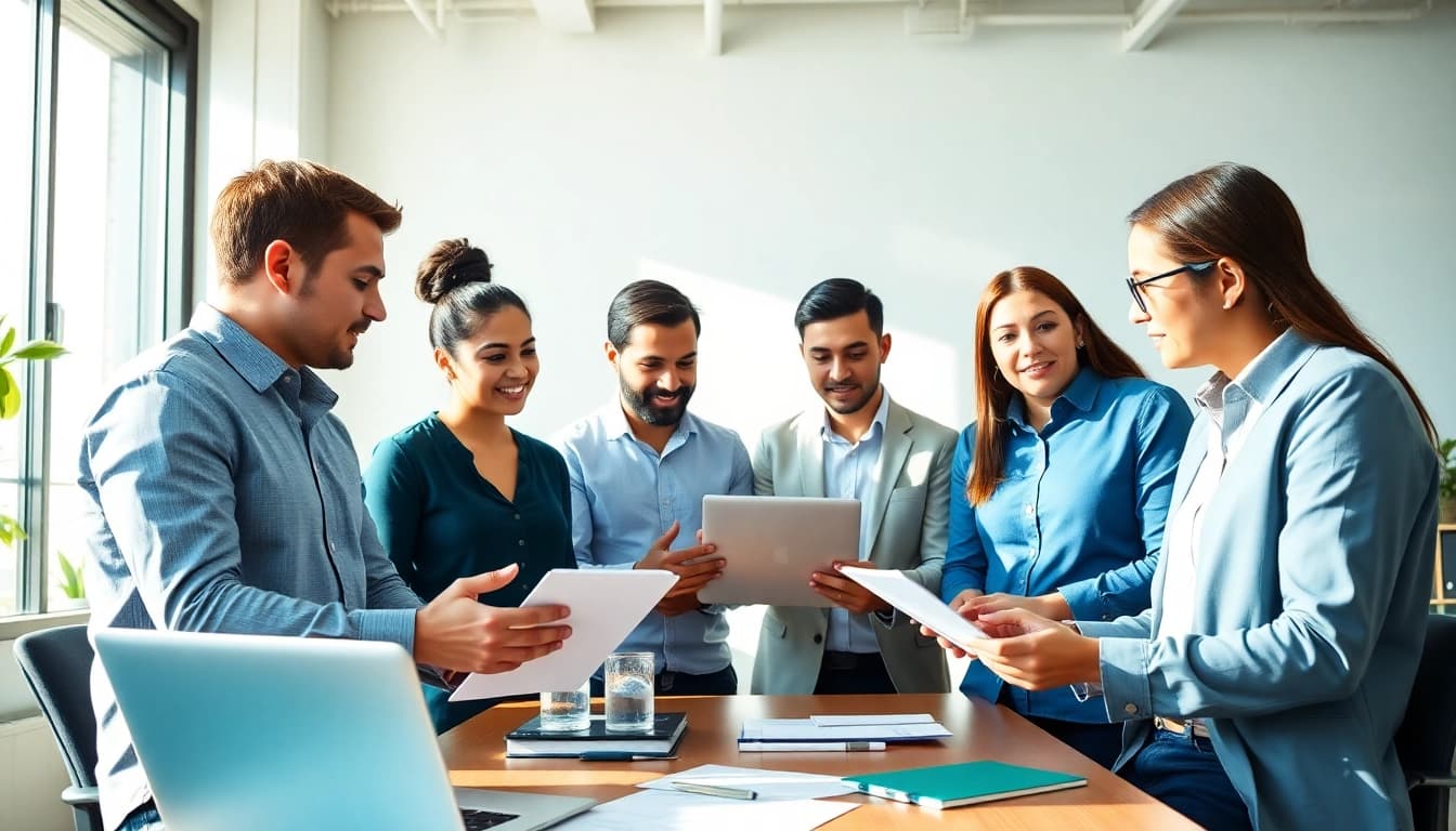 SEO Agentur team discussing strategies and analytics in a bright office.